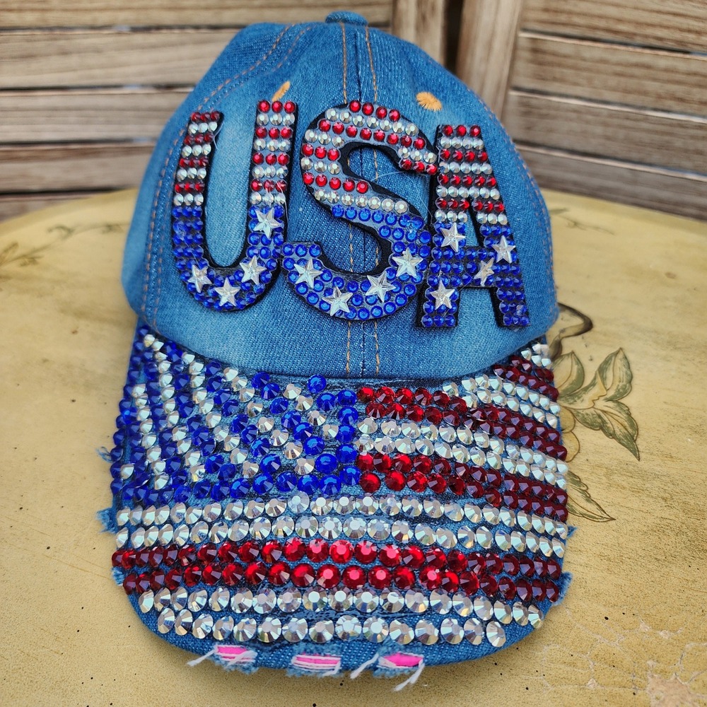 Collection 18 Blue Denim USA Rhinestone Patriotic 4th July Baseball Cap Hat